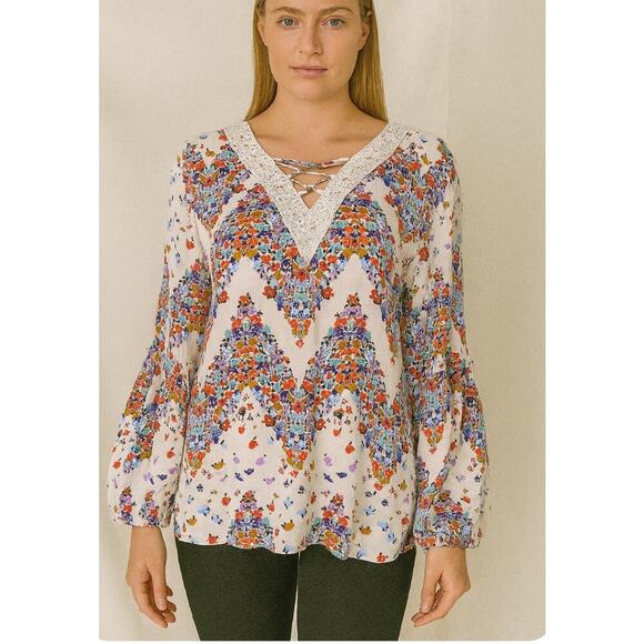 Democracy blouse top floral print boho bubble sleeve Lace V-neck SZ SM Aztec - Picture 1 of 10